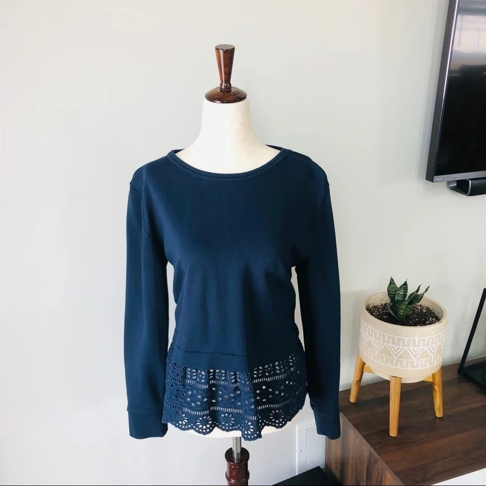 J. Crew Eyelet Drop Hem Crew Neck Terry Sweatshirt - Navy